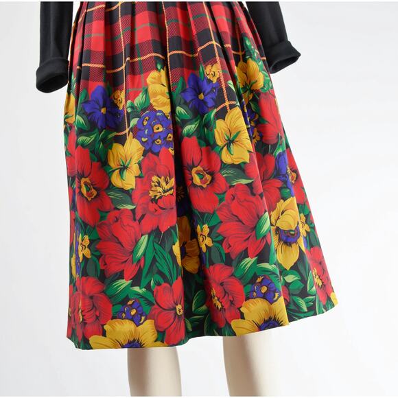 Vintage 80s Red Plaid and Floral Full Pleated Midi Skirt with Pockets size M - Picture 4 of 8